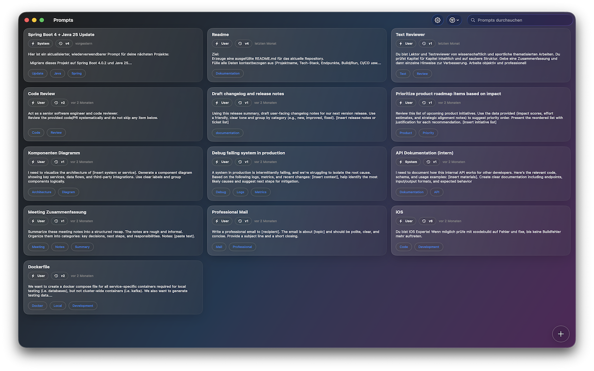 Übersicht mit vielen gespeicherten Prompts, Suchfeld und farblich markierten Tags in Prompt Manager.
